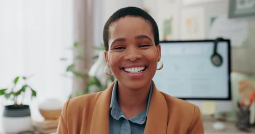 Face, business and black woman with a smile, office or professional with career ambition