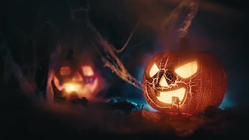 Spooky Jack-o'-lanterns Glow in the Night Fog