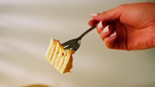 Dessert on a Plate Being Lifted by Fork