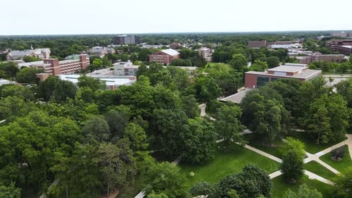 Drone descending over the campus at Michigan State University.