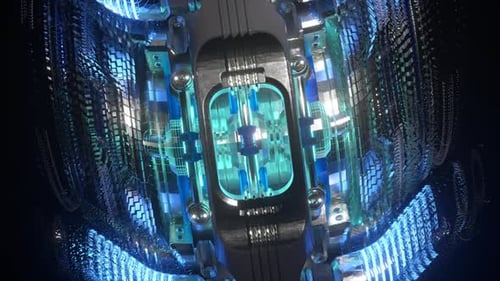 Advanced Technological Mechanism Rotating Revealing Intricate Metallic Structure with Luminescent