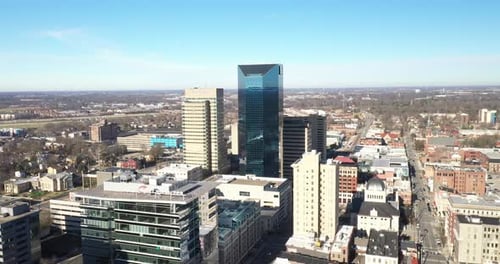 Lexington, Kentucky skyline drone video moving in.
