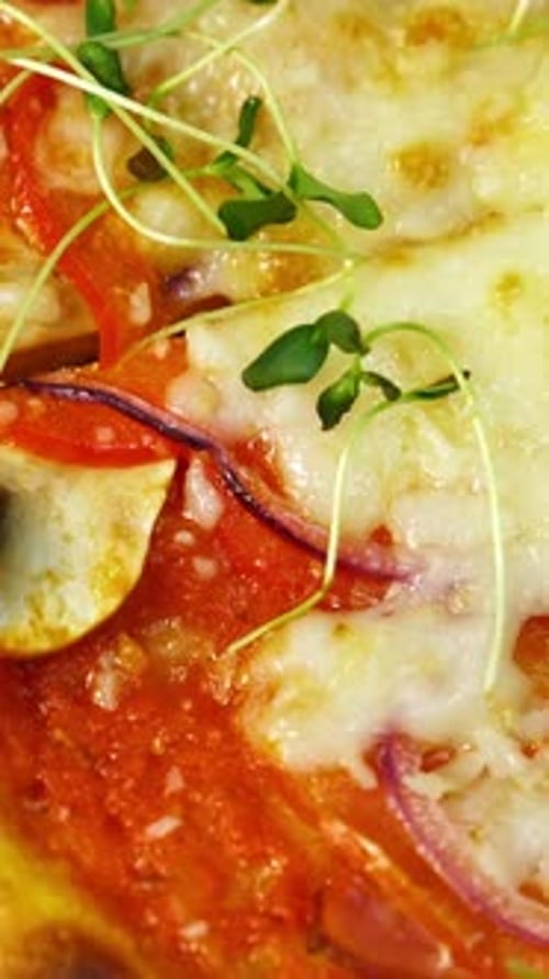 Appetizing pizza. Delicious pastry with bacon, onions, tomatoes and melted cheese.