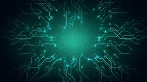 Circuit Board CPU Processor with Shining Electrons, Artificial Intelligence Microchip. Green cyber b