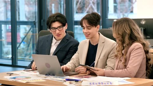 Business meeting in an office, female team leader and two young workers discussing business affairs