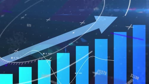 Digital animation of multiple changing numbers over statistical data processing on blue background