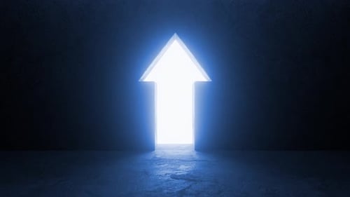 Porta em forma de seta que se abre em luz brilhante