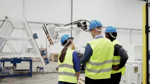 Production factory, robotic arm working, engineers looking at the correct operation.