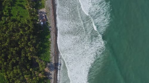 Aerial: waves breaking and whitewater meeting on beautiful tropical beach coastline, top down view