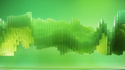 Vibrant Green Waveform Developing Through Rectangular Blocks Dynamically Morphing Across Digital