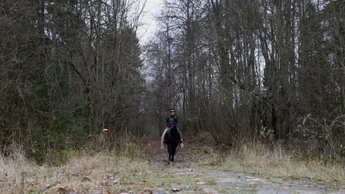 Cavalière dans de beaux vêtements vintage à cheval dans la forêt, jeune femme en robe élégante