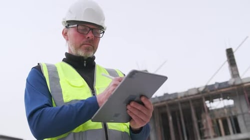 Male construction engineer architect building inspection with tablet writes notes using stylus