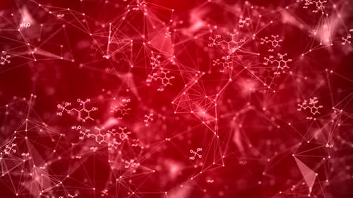 Abstract Red Science Background with Chemical Formulas and Plexus Network Loop
