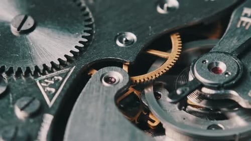 Clock Mechanism Rotates CloseUp Detailed View Inside Stopwatch