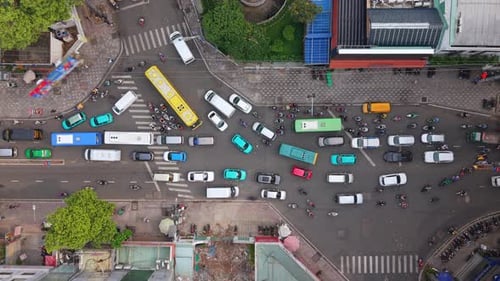 Aerial View of Heavy Traffic at Busy Intersection in Ho Chi Minh City Vietnam