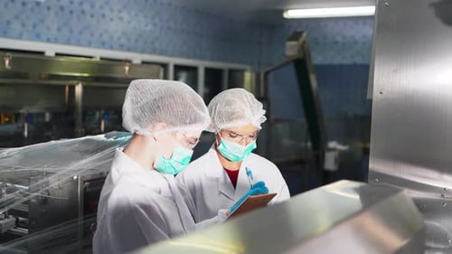 Une travailleuse inspecte la qualité de l'eau et des bouteilles dans une usine de production d'eau potable