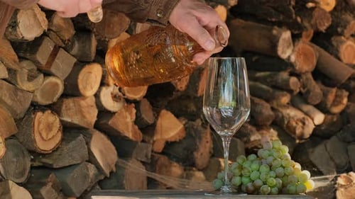 Pouring white wine from a bottle into two glasses on the vineyards on wooden table with green grapes