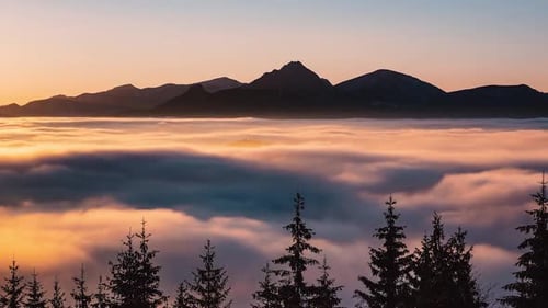 Golden Mountain View with Low Lying Fog
