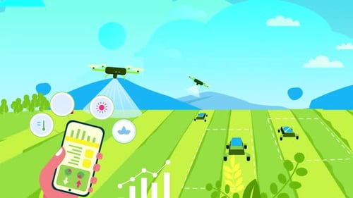 Farmer Using Automatic Irrigation Drone With Phone