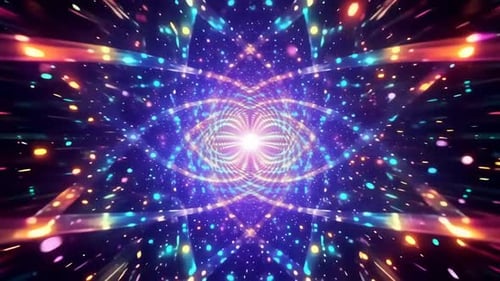 Abstract symmetrical purple neon light tunnel motion graphic