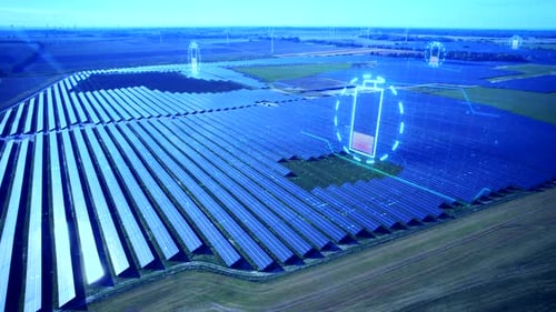 Blauer Farbeffekt der Solarpanel-Farm mit Bewegungsgrafik zum Laden des Akkuladestands auf einem Feld im Freien