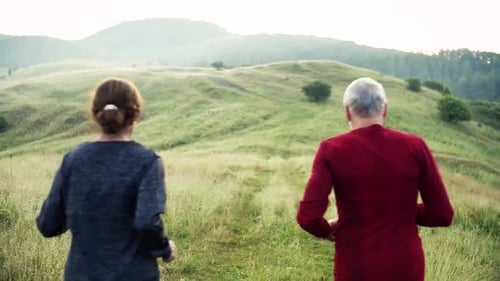 Senior couple enjoying a healthy morning jog through a foggy meadow landscape