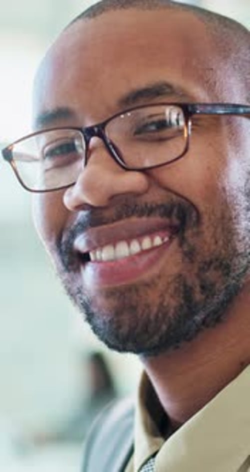 Happy, office and face of business black man with company pride, confidence and smile