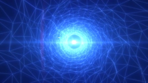 Abstract glowing digital tunnel with blue polygonal grid converging toward a bright center