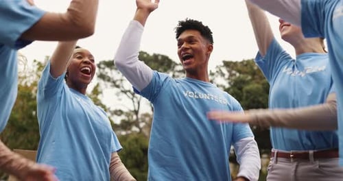 Hands together, volunteer and people in park applause for charity event