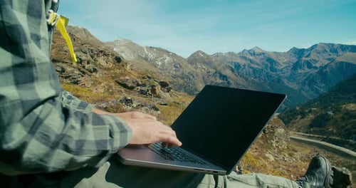 Closeup Shot Men Typing on Laptop Computer Keyboard on Mountain Travel