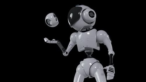 Futuristic Robot Interacting with Smiling Sphere Animation