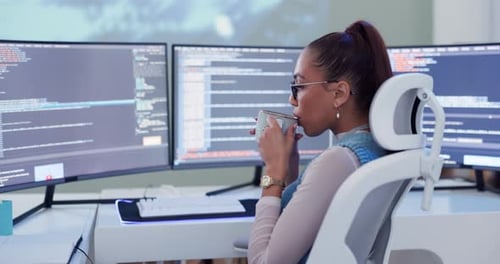 Programmer, coffee and technology with software, coding and web 3.0 project in office