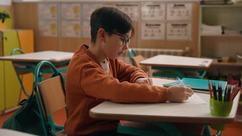 School Class Lesson Clever Concentrated Caucasian Boy Son Child Schoolboy Kid Studying Learning in