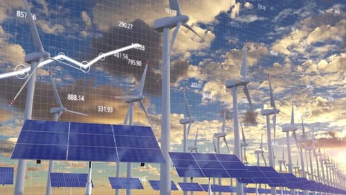 Energy Farm with Wind Turbines and Solar Panels on the Financial Graph Chart