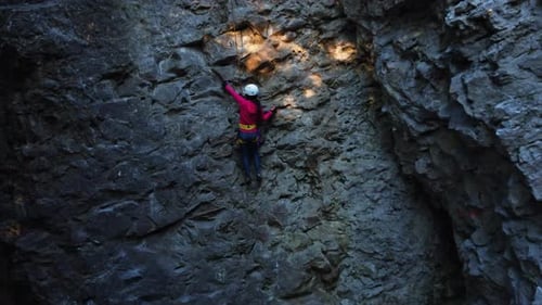 Young Beautiful Sportswoman on Hiking Climb Adventure Female Fit Climber Girl on Rocky Mountain