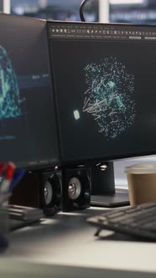 Vertical Video Monitors Displaying Status of Data Center Hardware Supporting AI Workflows