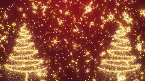Deux arbres chrismaux dorés faits de particules et de nombreux flocons de neige tombant sur fond rouge dégradé