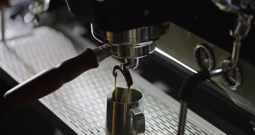 Automatic Coffee Maker In Cafeteria Closeup View Hot Strong Coffee Pouring Cooking Americano