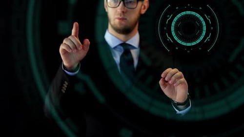 Business, Technology and Cyberspace Concept - Businessman Working with Data on Virtual