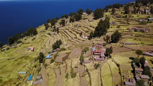 Aerial view of terraced landscape, Cusco, Peru.