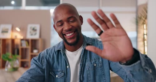 Video call, black man or wave in office for interview, virtual meeting or online discussion