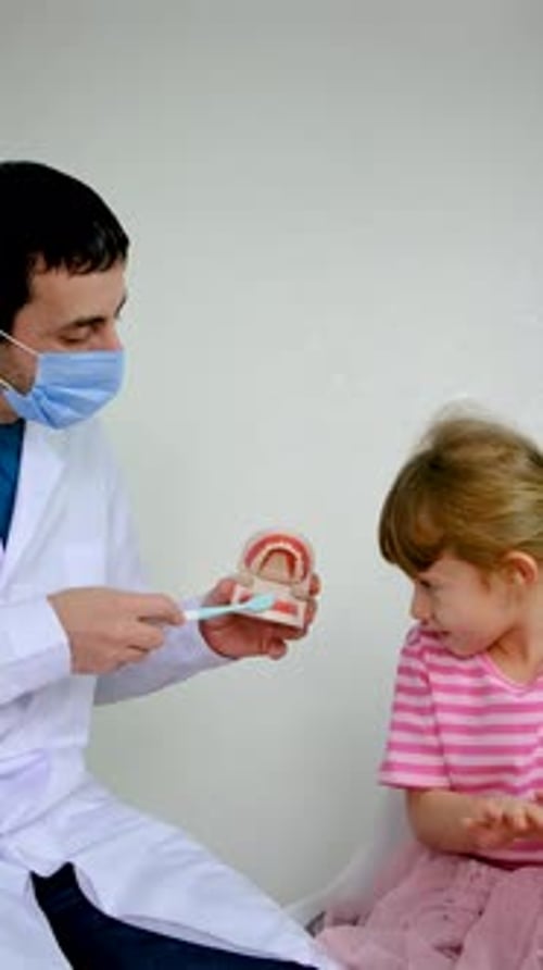 Dentist Shows Young Girl How to Brush Teeth