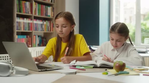 Little Girls Classmates Schoolgirls Children Teens Pupils Students Distant School Education Online