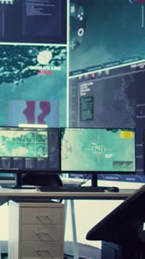Vertical Video Empty Military Operation Headquarters to Follow Threats on Radar Surveillance