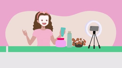 Animated Woman Demonstrating Skincare Routine for Beauty Vlog