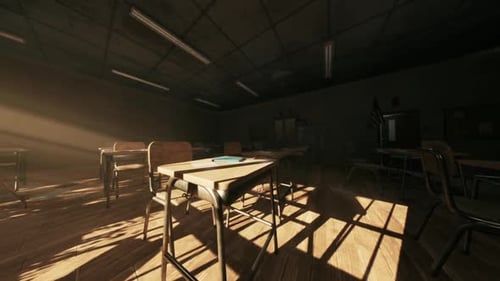 Abandoned School Classroom Bathed in Sunlight with Empty Desks and Chairs