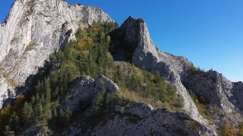 Flying above sunny autumn alpine mountain cliffs and colorful forest by drone