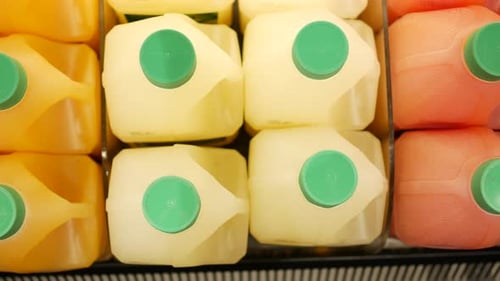 Colorful Juice Jugs Stacked on Supermarket Shelves
