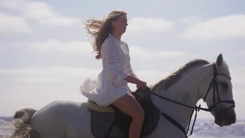 Girl Horseback Riding At The Beach