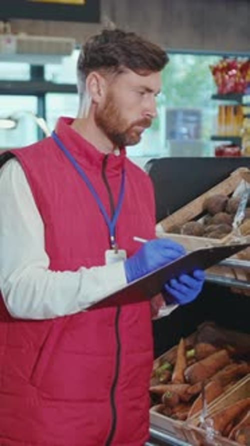 Man Writes on Clipboard in Grocery Store